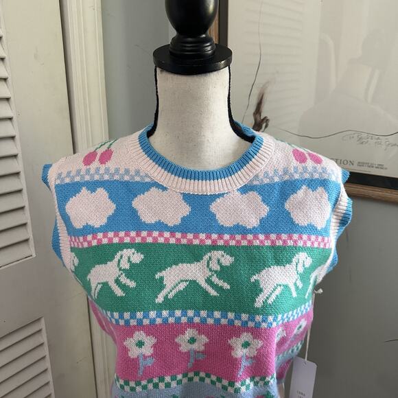 LUNA IVY Sweater Vest Womens XS Pastel Babycore Puppies Clouds Berries Flowers - Picture 4 of 11